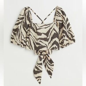 H & M Linen Zebra Print Puff Sleeve Top Size S